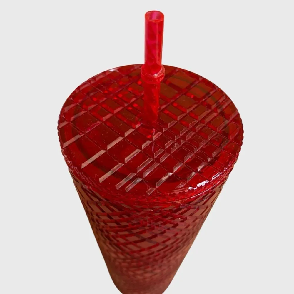 Starbucks 2021 Red Jeweled Holiday Tumbler Grid Textured Lid Straw Venti 24oz